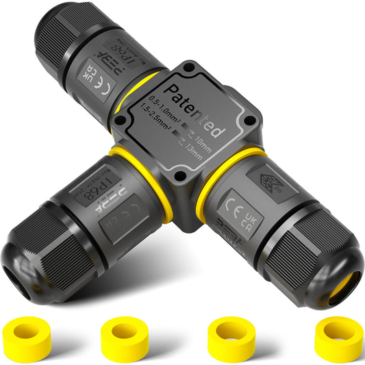 PEBA® Kabelverbinder Wasserdicht 3 polig, 3-Wege IP68 Wasserdichte Kabelverbinder Ø4-12mm Kabeldurchmesser, Verteilerdose außen, 3-Leiter, Verbindungsklemme mit Hebel für Outdoor, Abzweigdose Schwarz