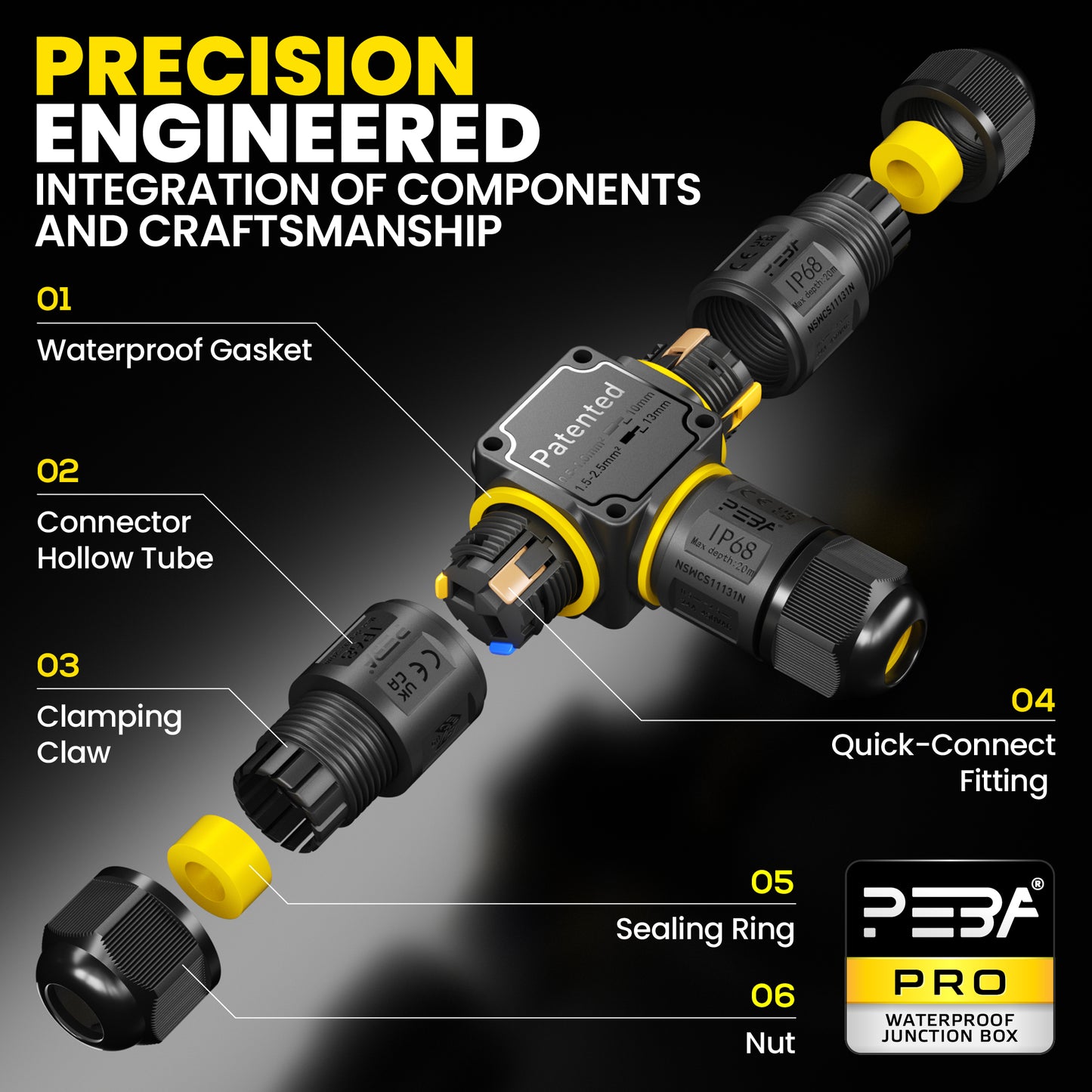 PEBA® Kabelverbinder Wasserdicht 3 polig, 3-Wege IP68 Wasserdichte Kabelverbinder Ø4-12mm Kabeldurchmesser, Verteilerdose außen, 3-Leiter, Verbindungsklemme mit Hebel für Outdoor, Abzweigdose Schwarz