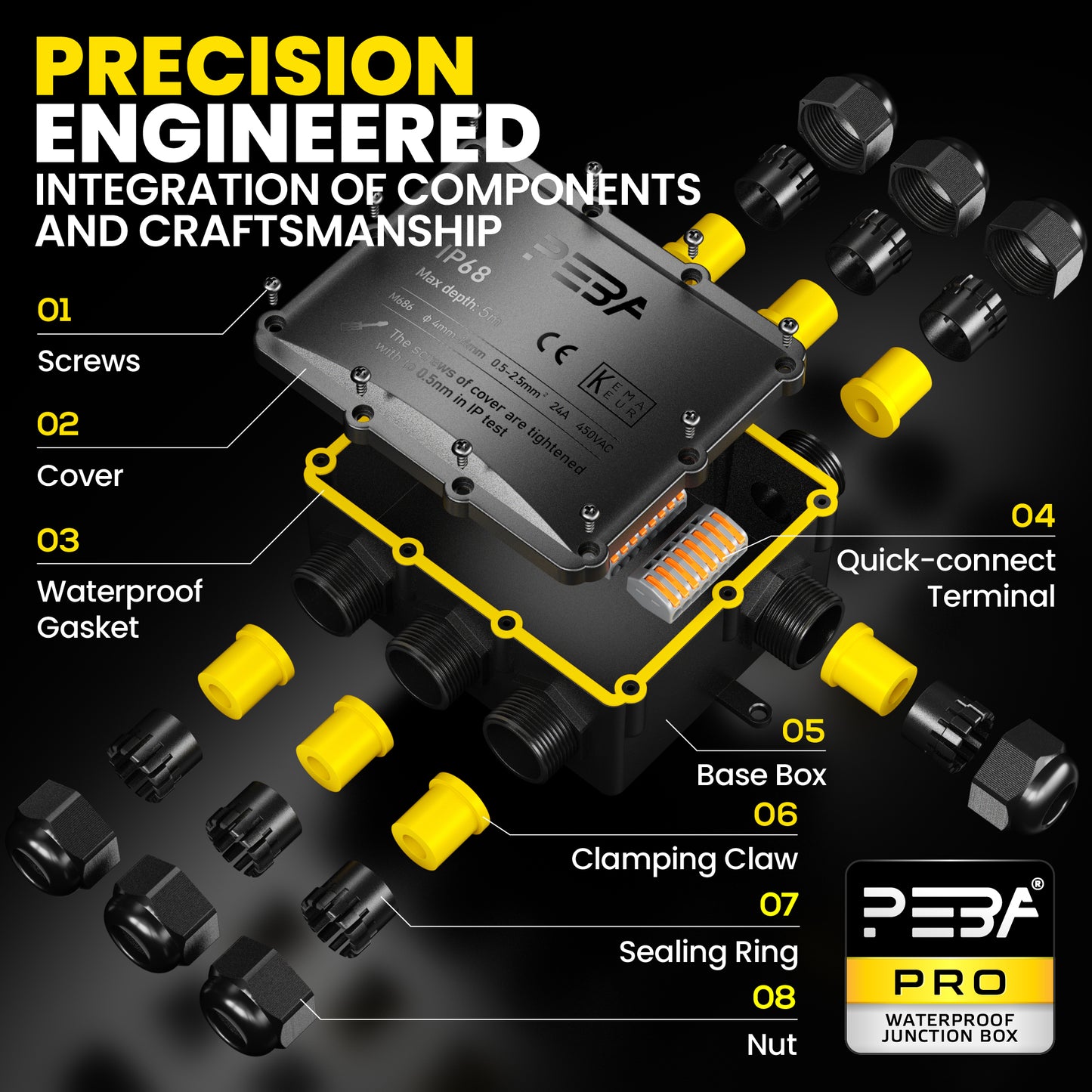 PEBA® Wasserdicht Abzweigdose Erdkabel Kabelverbinder IP68 Verteilerdose steckdose aussen verteiler Ø4mm-14mm kabel für garten outdoor verbinder box 7-Wege Schwarz