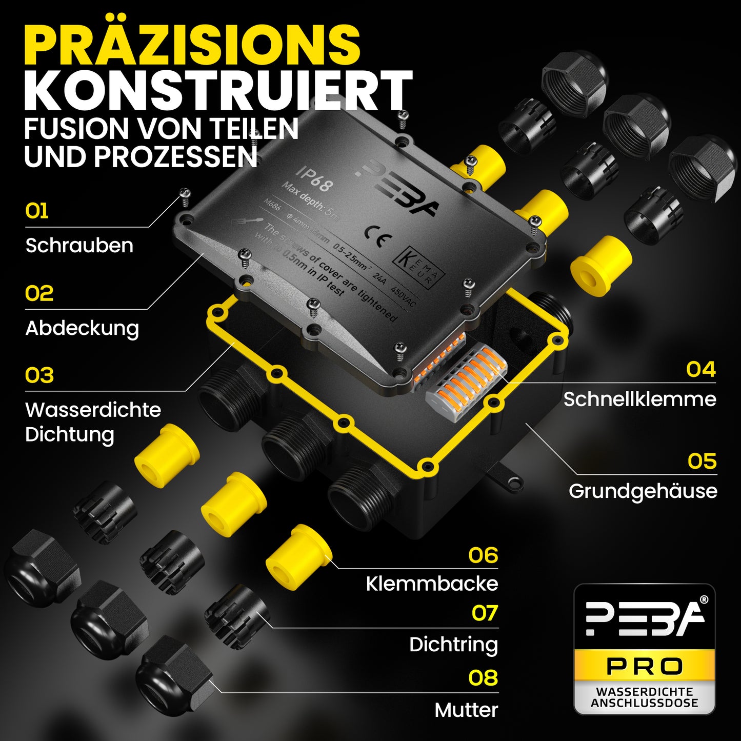 PEBA® Wasserdicht Abzweigdose Erdkabel Kabelverbinder IP68 Verteilerdose steckdose aussen verteiler Ø4mm-14mm kabel für garten outdoor verbinder box 6-Wege Schwarz