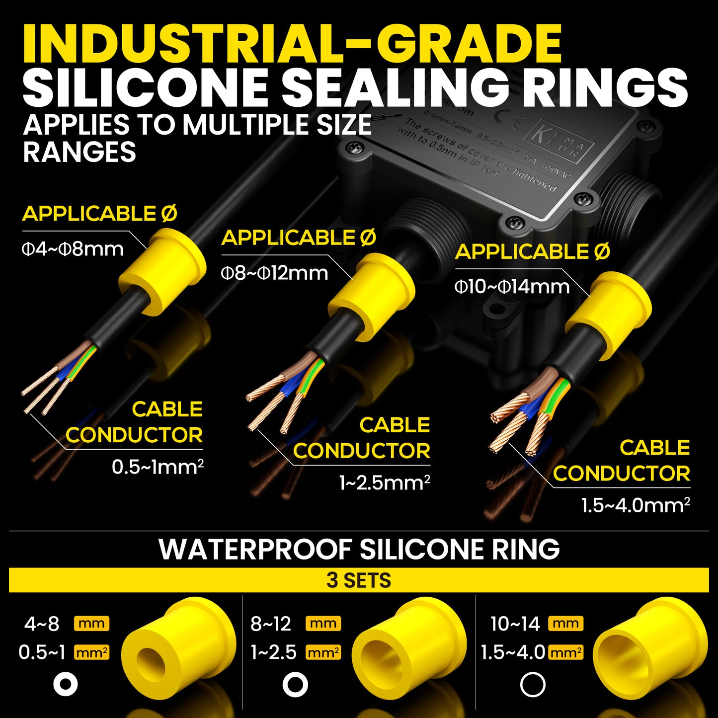 PEBA® Abzweigdosen Wasserdicht Verteilerdose IP68 Klemmdose Wasserdichte Kabelverbinder für Aussen Größere 3-Wege Kabelverschraubung Ø 4mm-14mm Schwarz T-Form 4 Stück