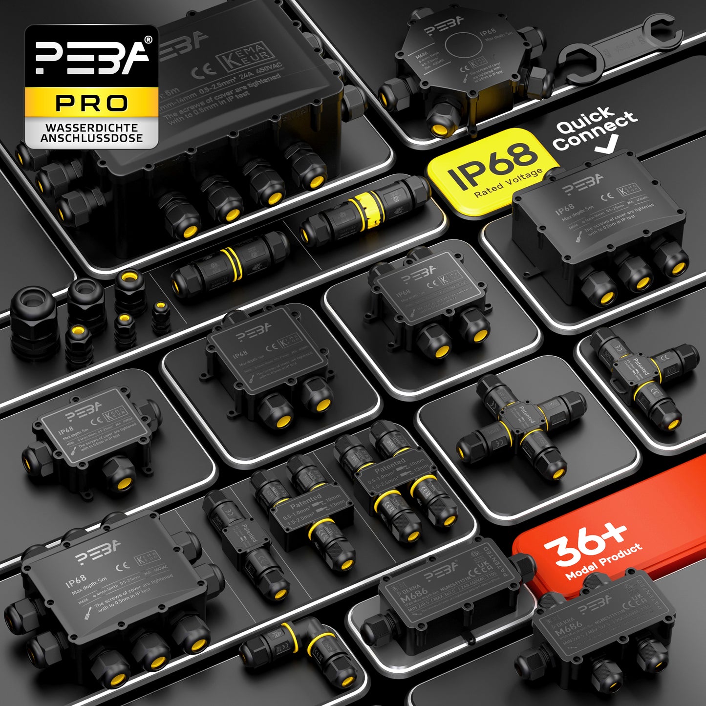 PEBA® Wasserdicht Abzweigdose Erdkabel Kabelverbinder IP68 Verteilerdose steckdose aussen verteiler Ø4mm-14mm kabel für garten outdoor verbinder box 6-Wege Schwarz