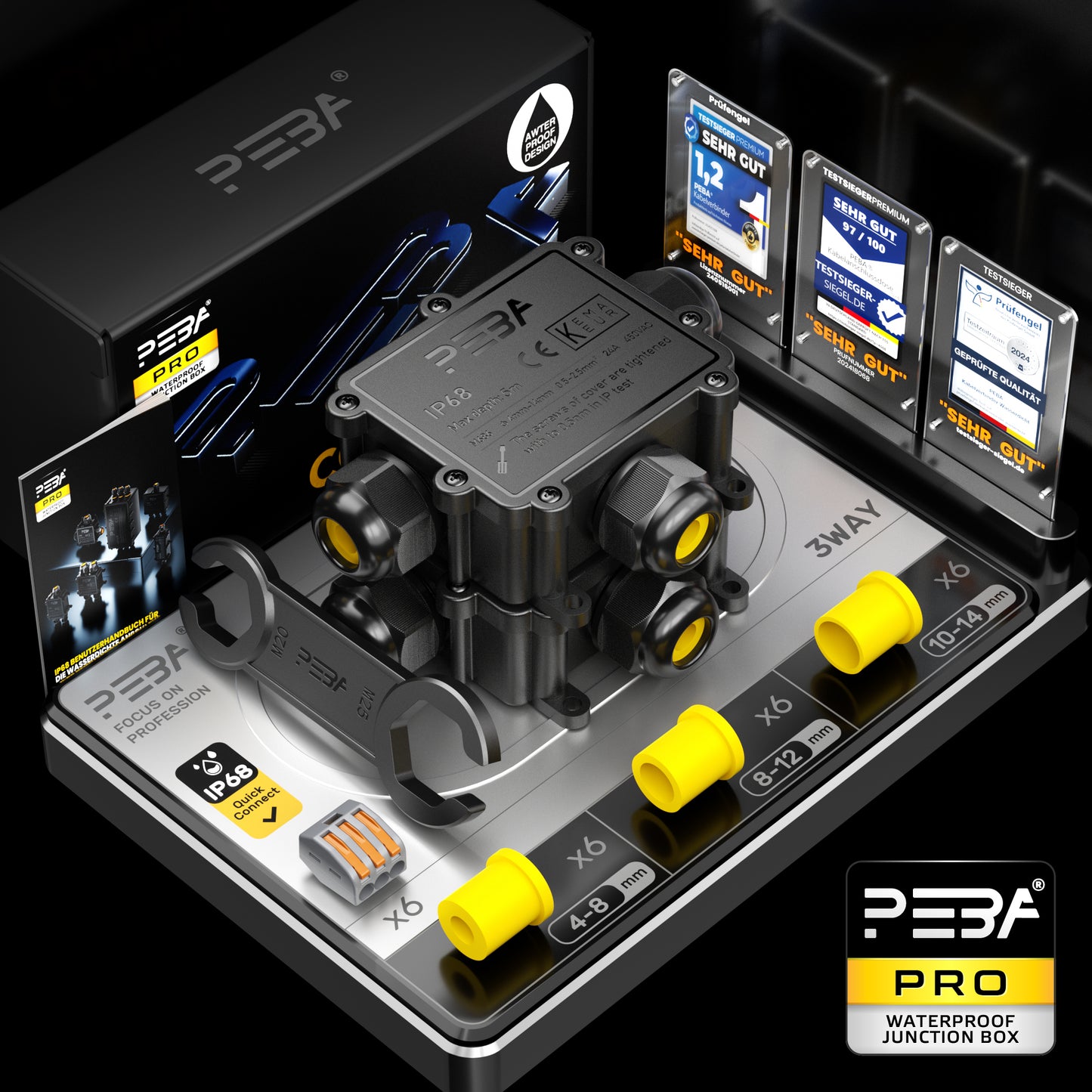 PEBA® Abzweigdosen Wasserdicht Verteilerdose IP68 Klemmdose Wasserdichte Kabelverbinder für Aussen Größere 3-Wege Kabelverschraubung Ø 4mm-14mm Schwarz T-Form (2 Stück)