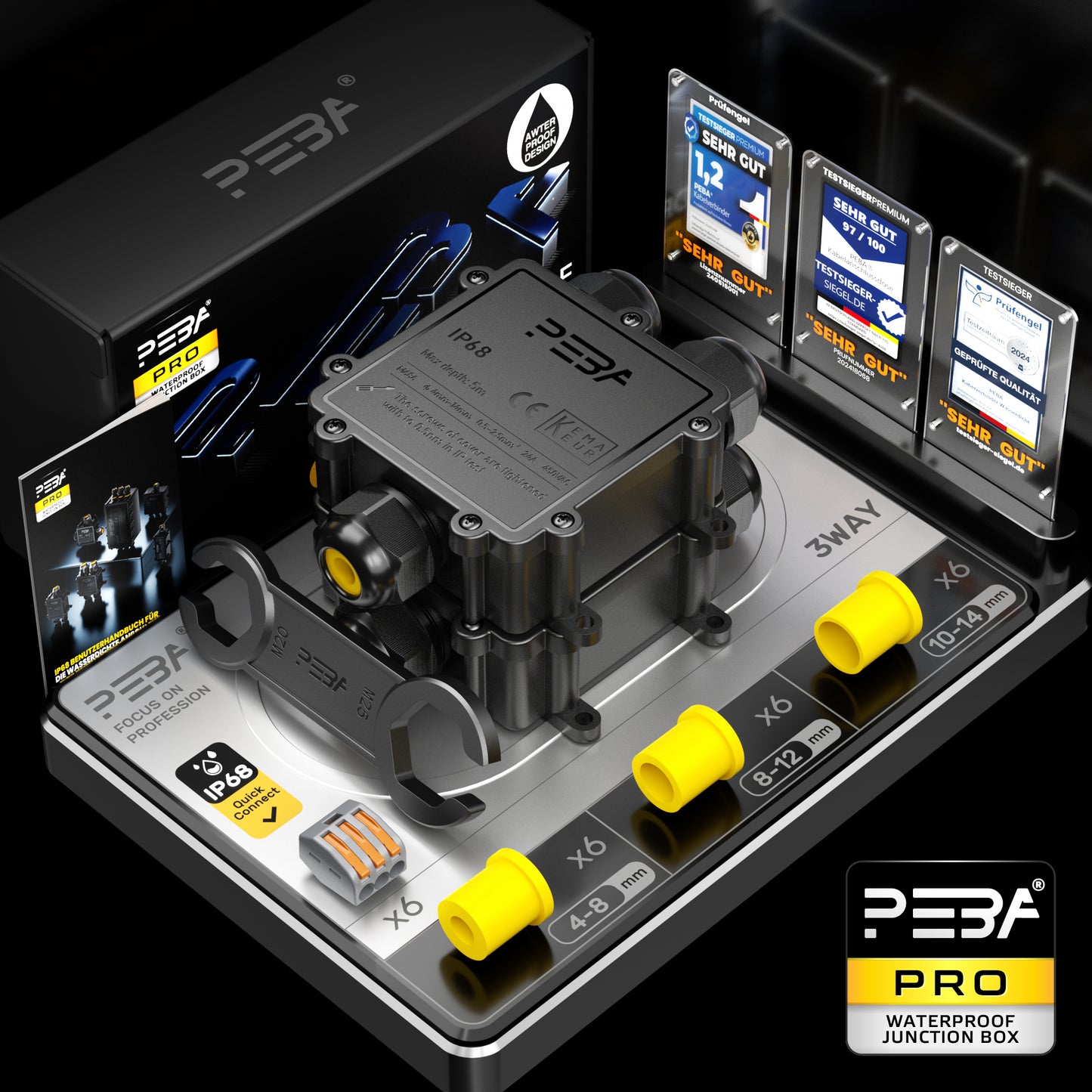 PEBA® IP68 Wasserdichte Kabelanschlussdose, 3-Wege Outdoor Kabelverbinder, Kabelverbinder, Wasserdichte Kabelanschlussdose, Anschlussdosen, Kabelboxen, Kabelverbindung für Ø4-14mm Kabeldurchmesser,Schwarz 2 Stück