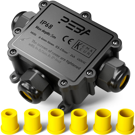 PEBA® Abzweigdosen Wasserdicht Verteilerdose IP68 Klemmdose Wasserdichte Kabelverbinder für Aussen Größere 3-Wege Kabelverschraubung Ø 4mm-14mm Schwarz T-Form