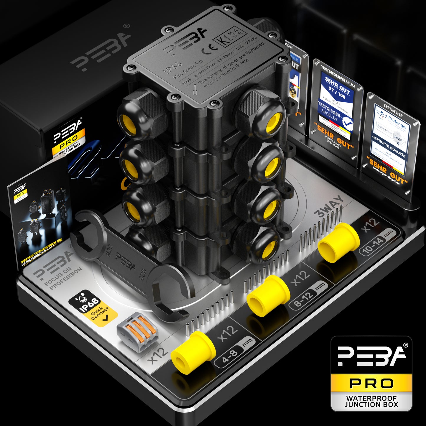 PEBA® Abzweigdosen Wasserdicht Verteilerdose IP68 Klemmdose Wasserdichte Kabelverbinder für Aussen Größere 3-Wege Kabelverschraubung Ø 4mm-14mm Schwarz T-Form 4 Stück