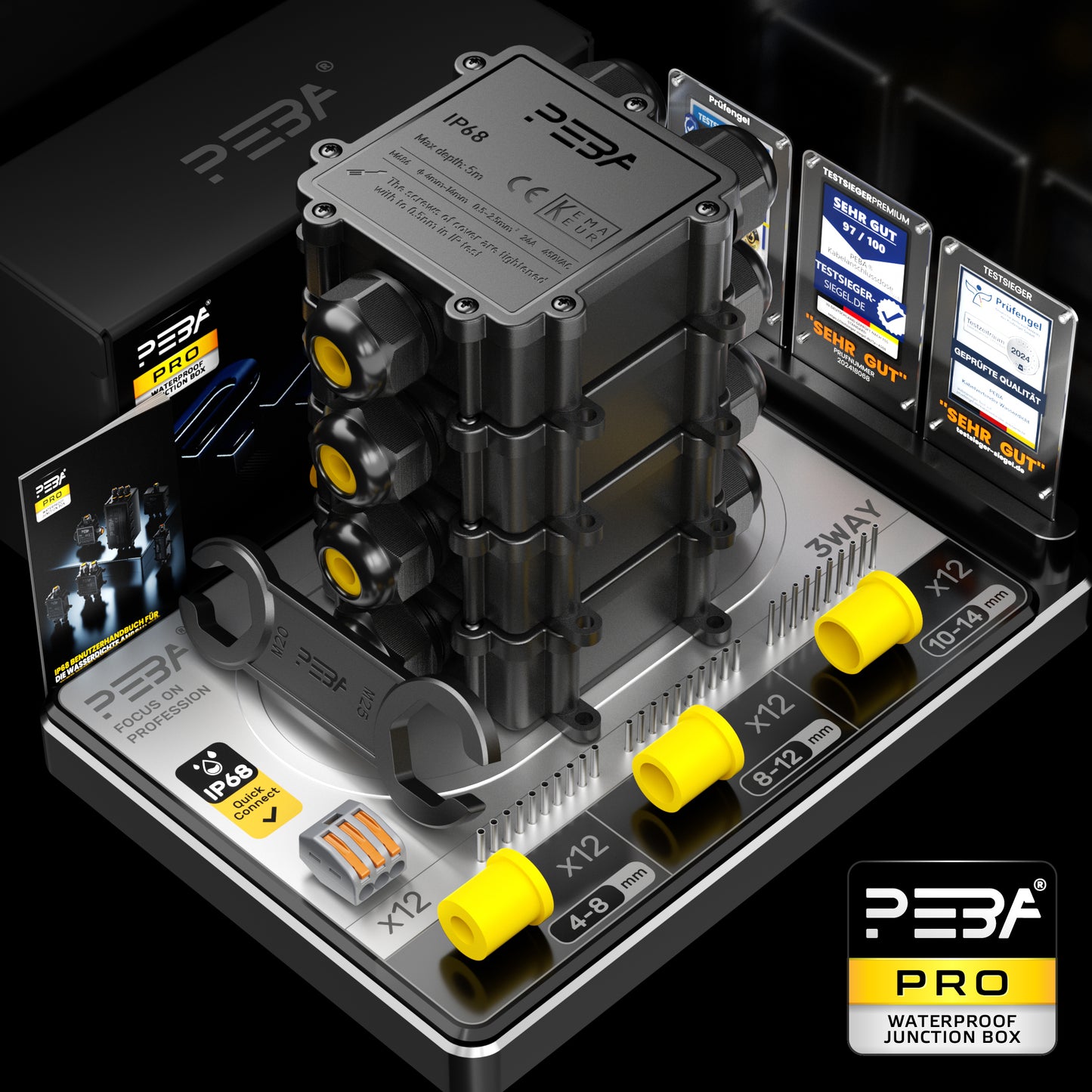PEBA® IP68 Wasserdichte Kabelanschlussdose, 3-Wege Outdoor Kabelverbinder, Kabelverbinder, Wasserdichte Kabelanschlussdose, Anschlussdosen, Kabelboxen, Kabelverbindung für Ø4-14mm Kabeldurchmesser,Schwarz 4 Stück