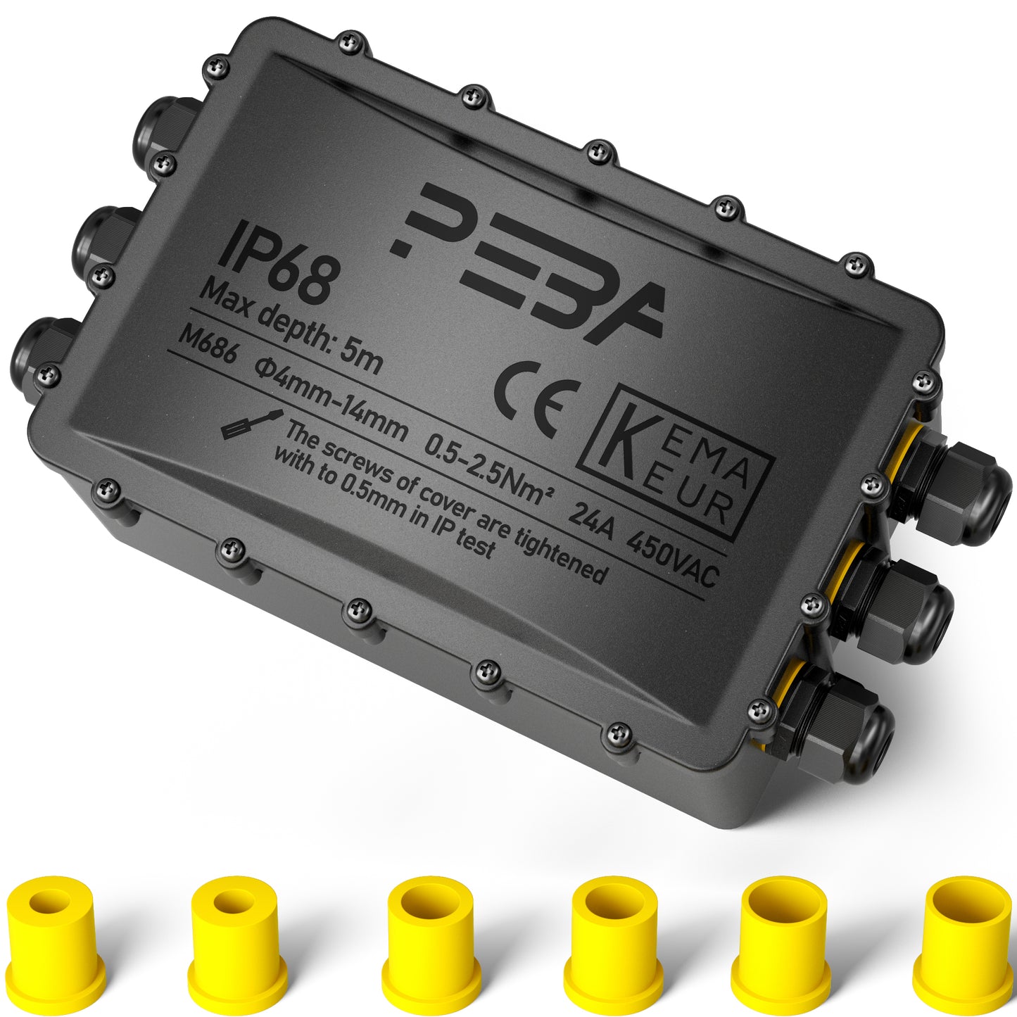 PEBA® Wasserdicht Abzweigdose Erdkabel Kabelverbinder IP68 Verteilerdose steckdose aussen verteiler Ø4mm-14mm kabel für garten outdoor verbinder box 6-Wege Schwarz