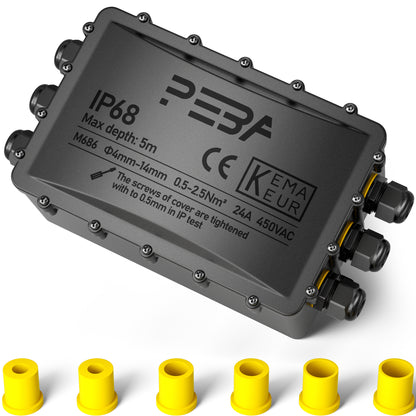 PEBA® Wasserdicht Abzweigdose Erdkabel Kabelverbinder IP68 Verteilerdose steckdose aussen verteiler Ø4mm-14mm kabel für garten outdoor verbinder box 6-Wege Schwarz