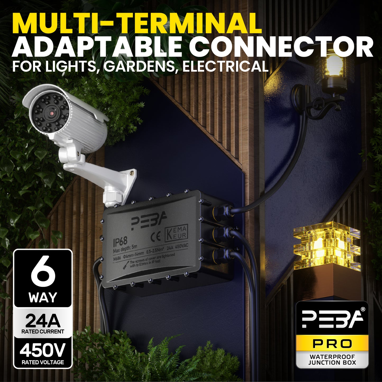 PEBA® Wasserdicht Abzweigdose Erdkabel Kabelverbinder IP68 Verteilerdose steckdose aussen verteiler Ø4mm-14mm kabel für garten outdoor verbinder box 6-Wege Schwarz