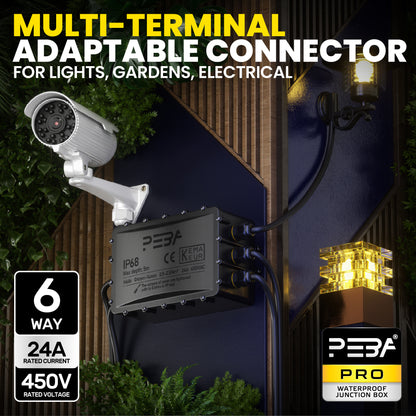 PEBA® Wasserdicht Abzweigdose Erdkabel Kabelverbinder IP68 Verteilerdose steckdose aussen verteiler Ø4mm-14mm kabel für garten outdoor verbinder box 6-Wege Schwarz