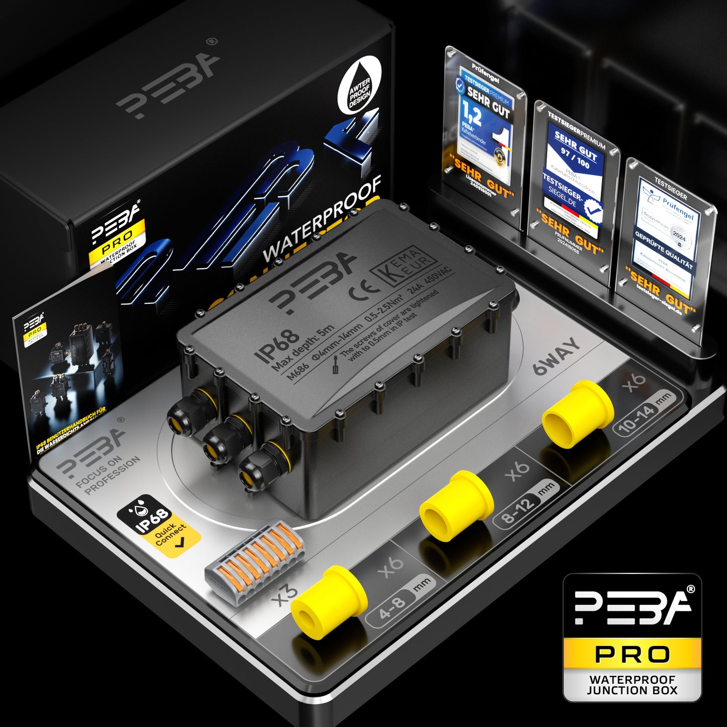 PEBA® Wasserdicht Abzweigdose Erdkabel Kabelverbinder IP68 Verteilerdose steckdose aussen verteiler Ø4mm-14mm kabel für garten outdoor verbinder box 6-Wege Schwarz