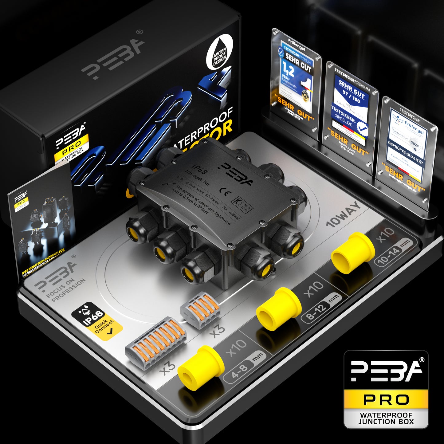 PEBA® Wasserdicht Abzweigdose Erdkabel Kabelverbinder IP68 Verteilerdose steckdose aussen verteiler Ø4mm-14mm kabel für garten outdoor verbinder box 10-Wege Schwarz