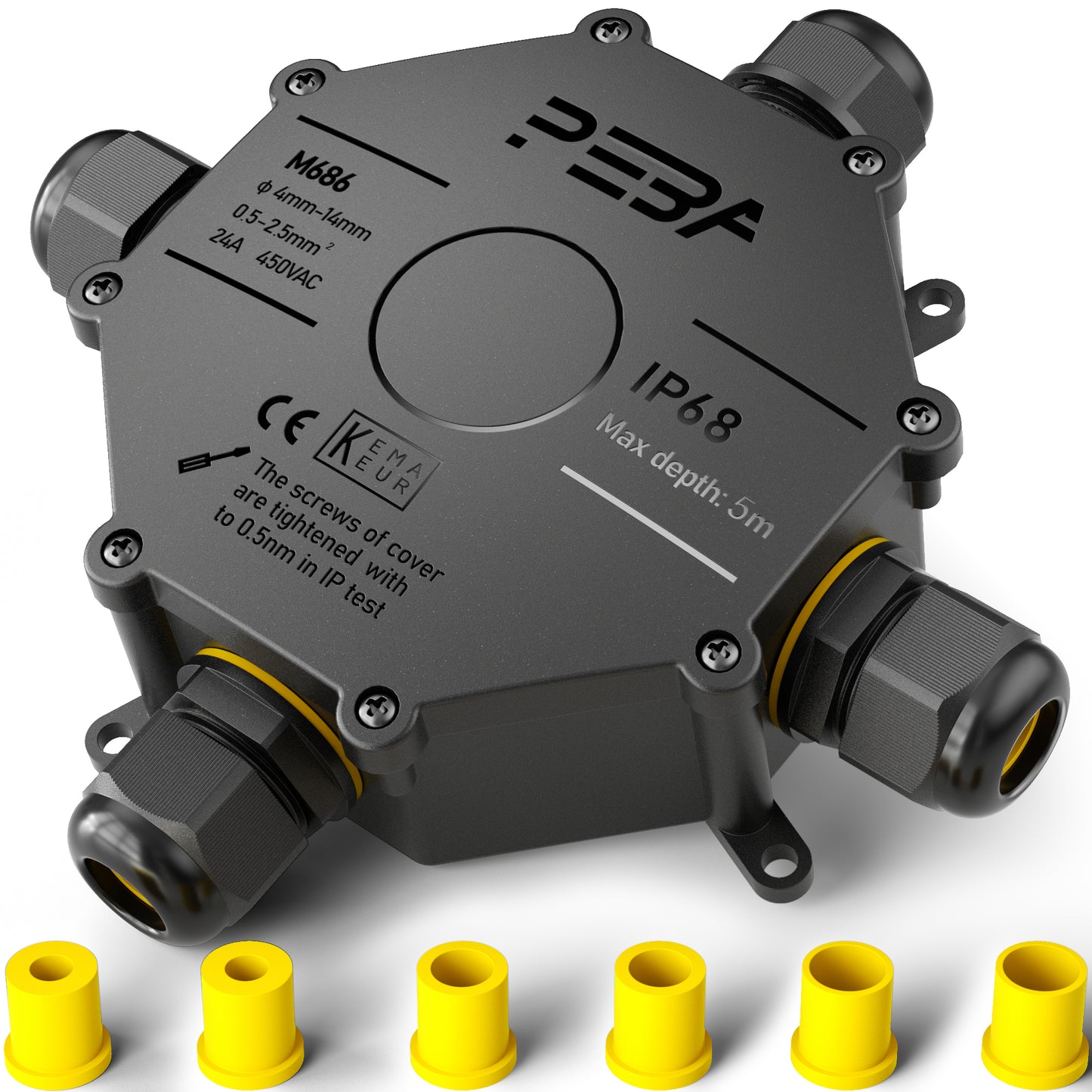 PEBA® Abzweigdose IP68, Abzweigkasten, Wasserdichte Kabelverbinder, Aufputz Verteilerdose Außen Wasserdicht 4-Wege für Ø4-14mm Kabeldurchmesser Anschlussdose, Klemmkasten, Abzweigdose schwarz