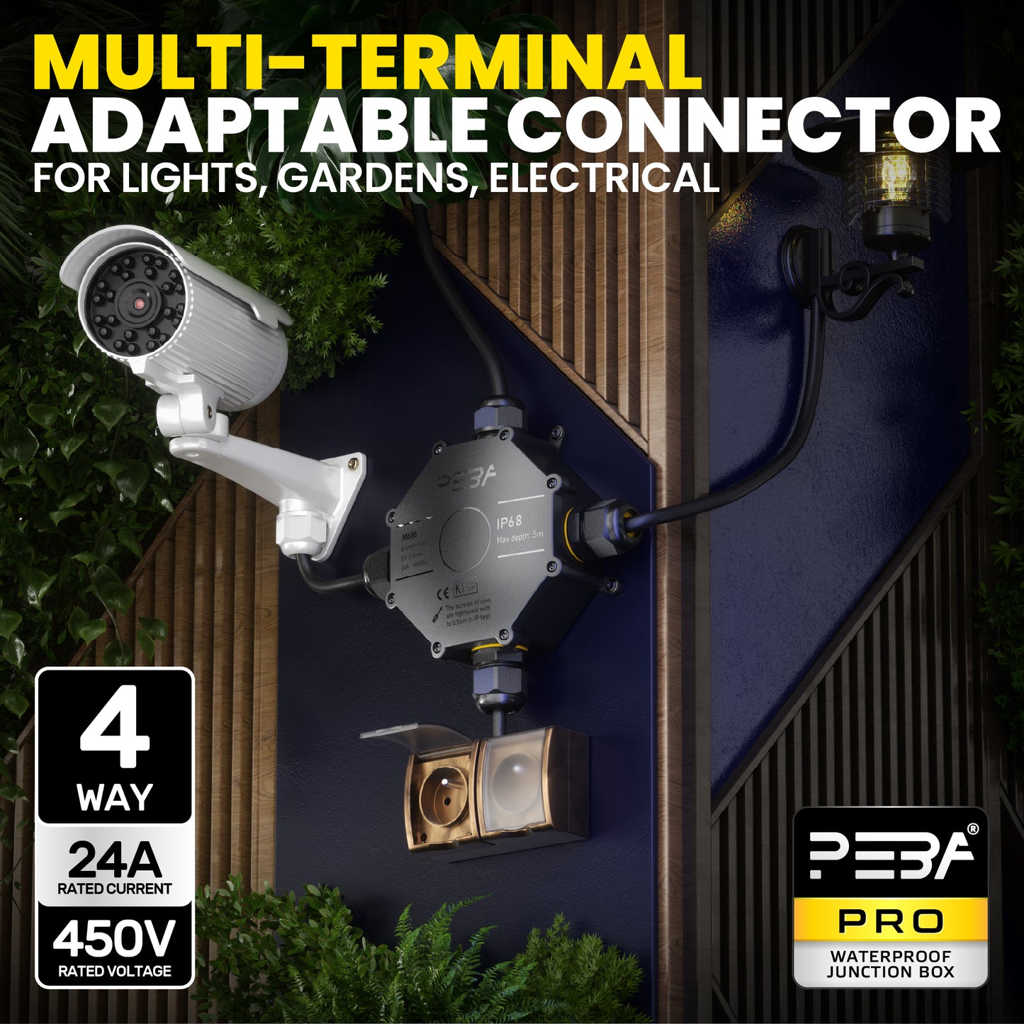 PEBA® Abzweigdose IP68, Abzweigkasten, Wasserdichte Kabelverbinder, Aufputz Verteilerdose Außen Wasserdicht 4-Wege für Ø4-14mm Kabeldurchmesser Anschlussdose, Klemmkasten, Abzweigdose schwarz