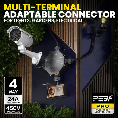 PEBA® Abzweigdose IP68, Abzweigkasten, Wasserdichte Kabelverbinder, Aufputz Verteilerdose Außen Wasserdicht 4-Wege für Ø4-14mm Kabeldurchmesser Anschlussdose, Klemmkasten, Abzweigdose schwarz