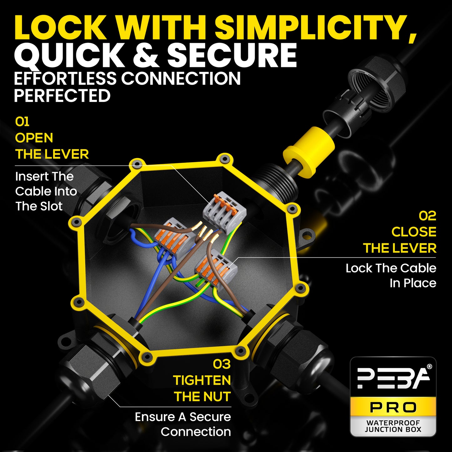 PEBA® Abzweigdose IP68, Abzweigkasten, Wasserdichte Kabelverbinder, Aufputz Verteilerdose Außen Wasserdicht 4-Wege für Ø4-14mm Kabeldurchmesser Anschlussdose, Klemmkasten, Abzweigdose schwarz