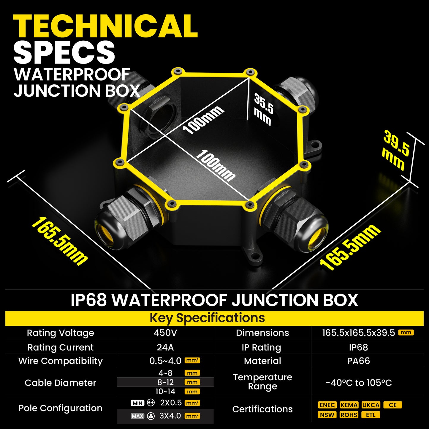 PEBA® Abzweigdose IP68, Abzweigkasten, Wasserdichte Kabelverbinder, Aufputz Verteilerdose Außen Wasserdicht 4-Wege für Ø4-14mm Kabeldurchmesser Anschlussdose, Klemmkasten, Abzweigdose schwarz