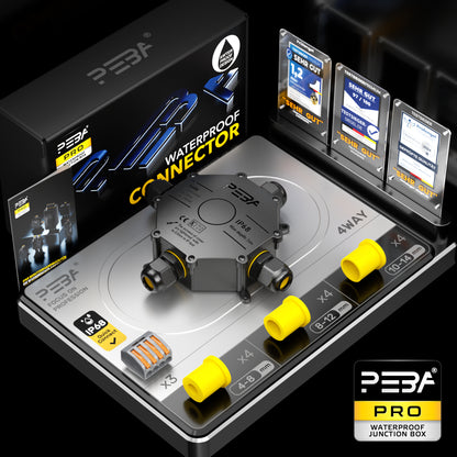 PEBA® Abzweigdose IP68, Abzweigkasten, Wasserdichte Kabelverbinder, Aufputz Verteilerdose Außen Wasserdicht 4-Wege für Ø4-14mm Kabeldurchmesser Anschlussdose, Klemmkasten, Abzweigdose schwarz