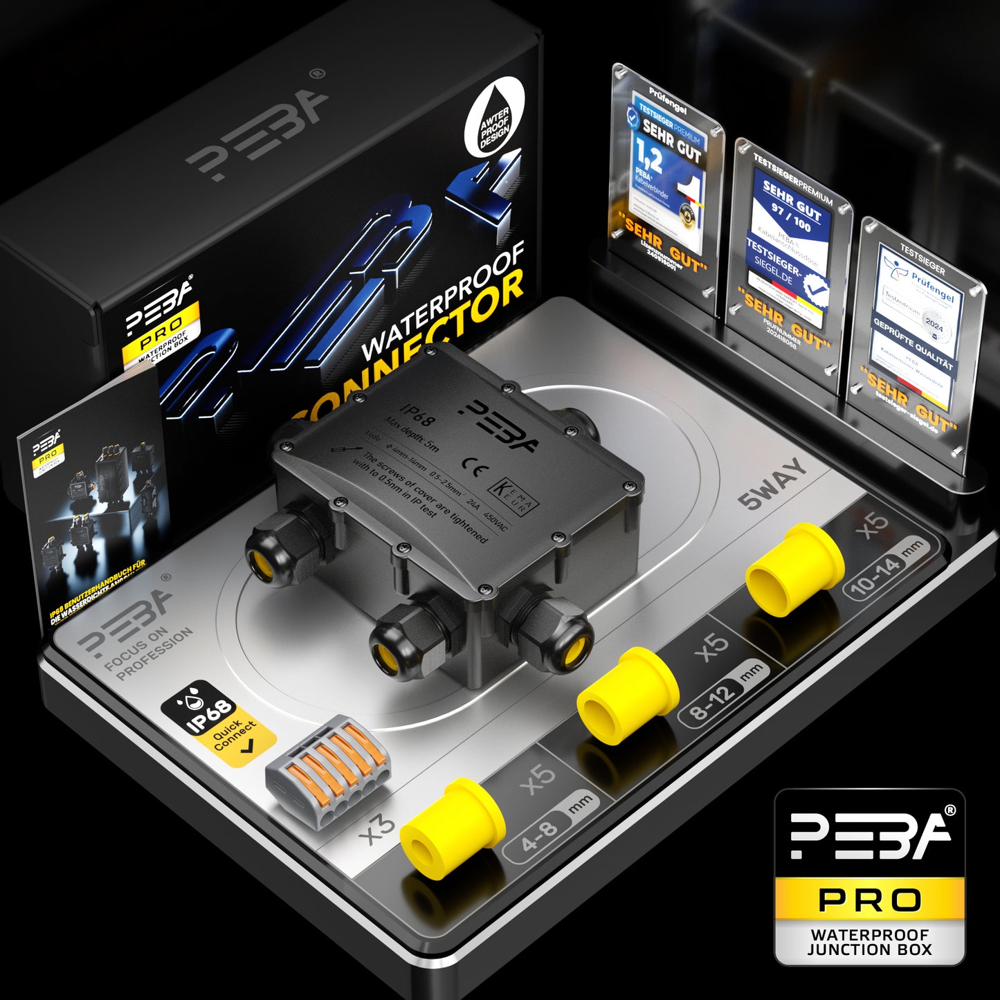 PEBA® Wasserdicht Abzweigdose Erdkabel Kabelverbinder IP68 Verteilerdose steckdose aussen verteiler Ø4mm-14mm kabel für garten outdoor verbinder box 5-Wege Schwarz