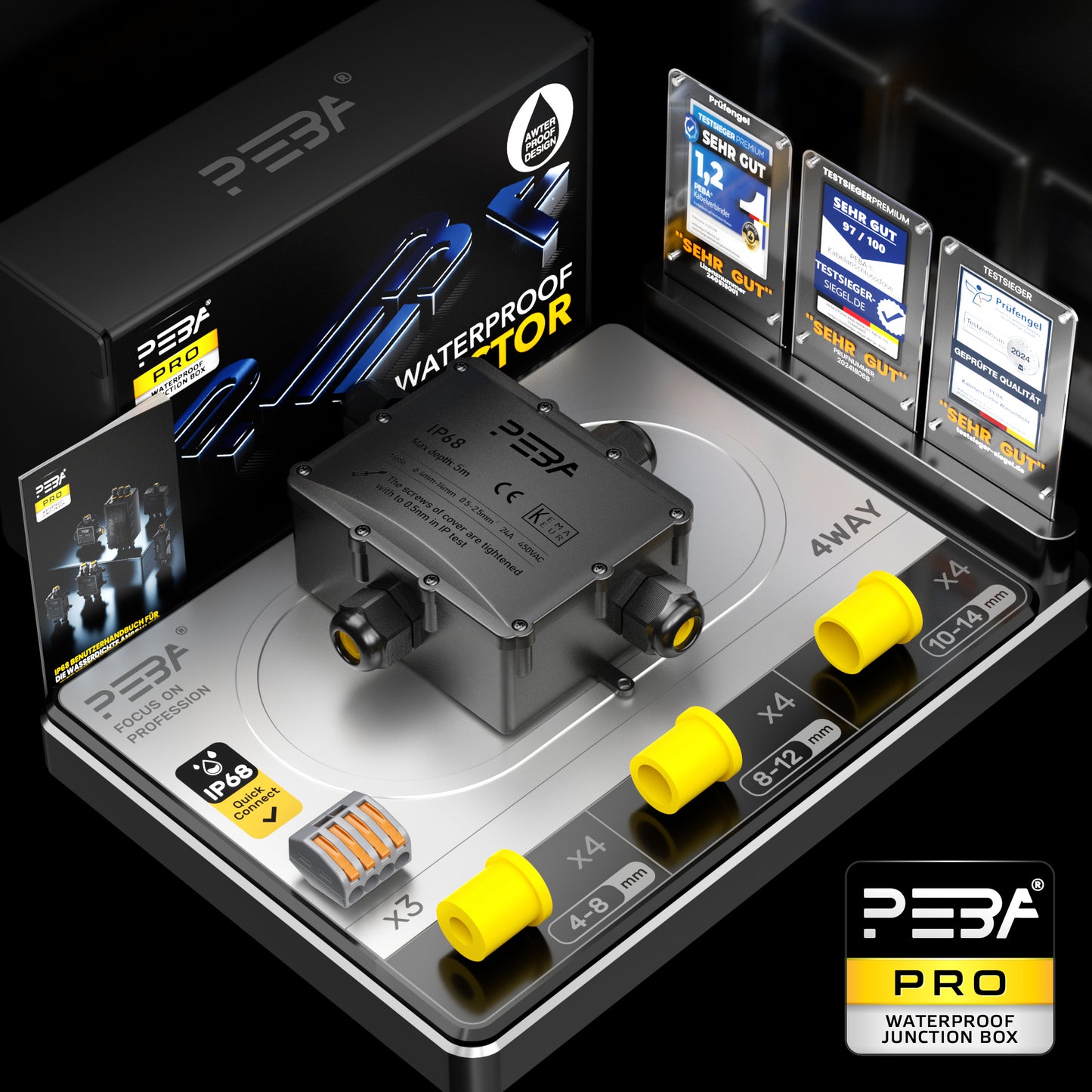 PEBA® Wasserdicht Abzweigdose Erdkabel Kabelverbinder IP68 Verteilerdose steckdose aussen verteiler Ø4mm-14mm kabel für garten outdoor verbinder box 4-Wege Schwarz