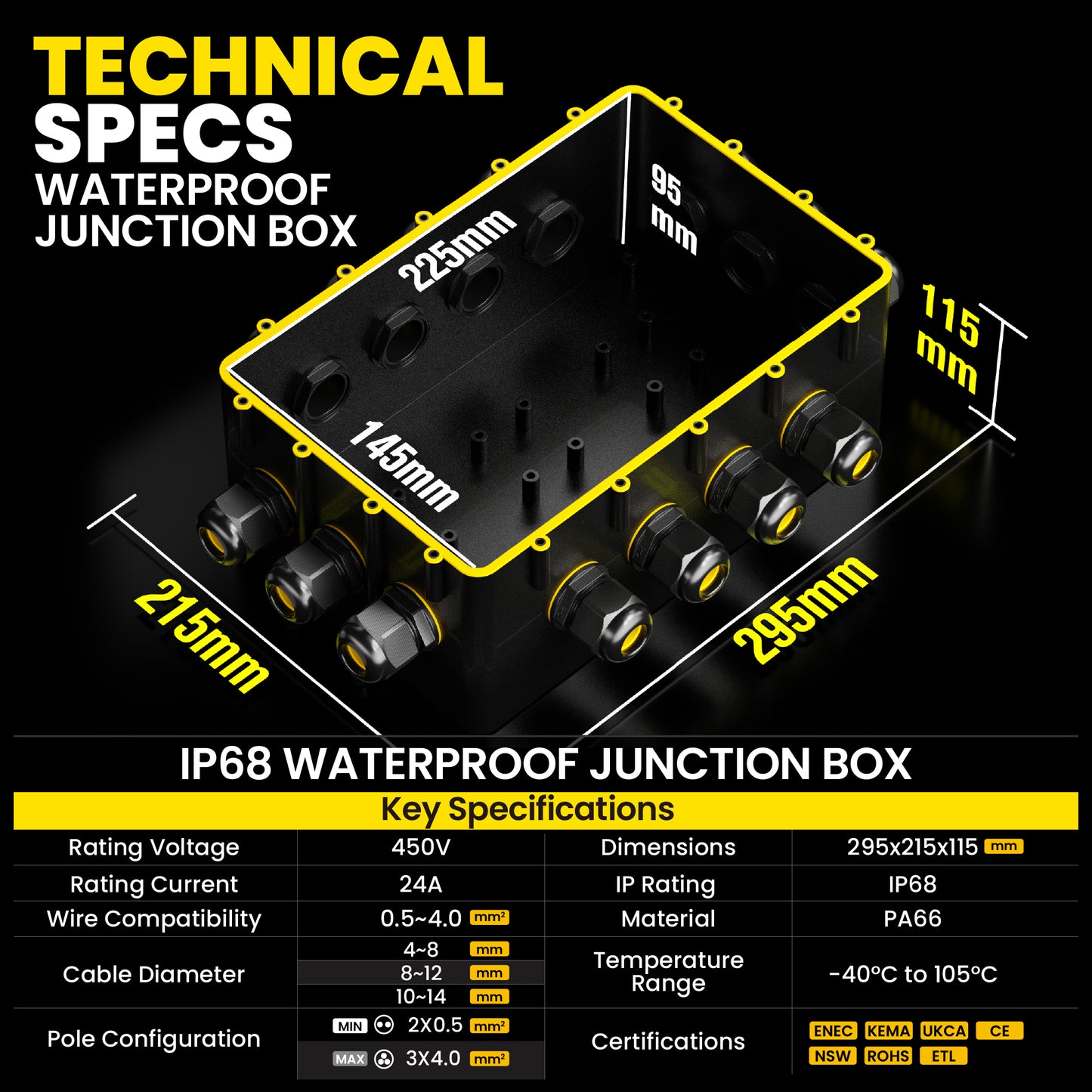 PEBA® Wasserdicht Abzweigdose Erdkabel Kabelverbinder IP68 Verteilerdose steckdose aussen verteiler Ø4mm-14mm kabel für garten outdoor verbinder box 14-Wege Schwarz