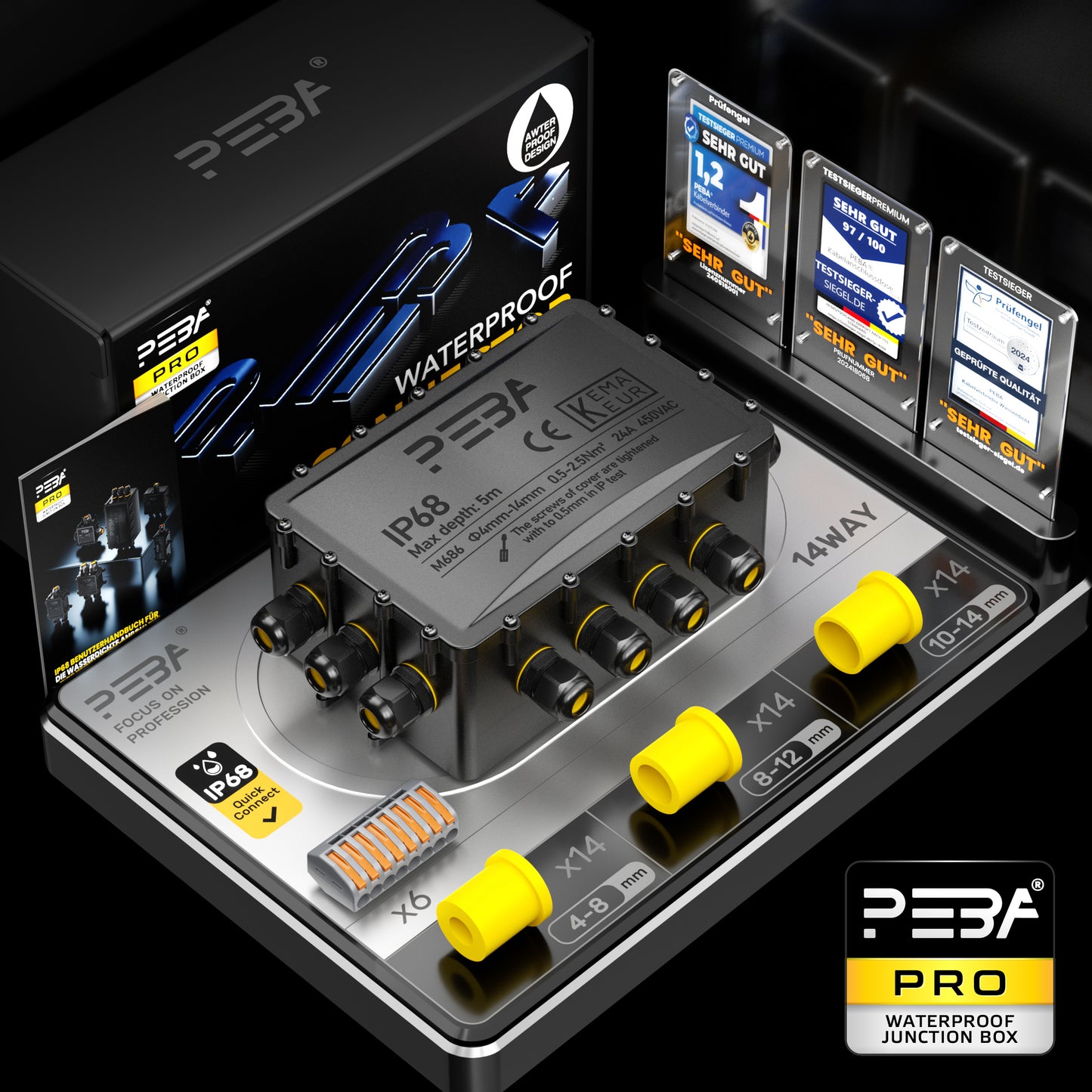 PEBA® Wasserdicht Abzweigdose Erdkabel Kabelverbinder IP68 Verteilerdose steckdose aussen verteiler Ø4mm-14mm kabel für garten outdoor verbinder box 14-Wege Schwarz