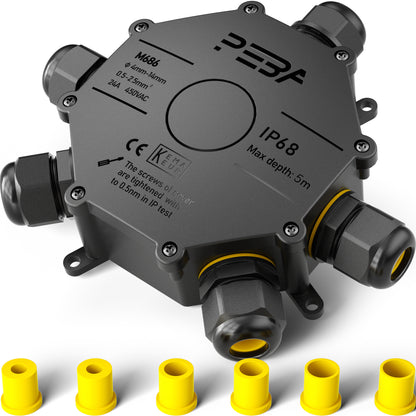PEBA® Abzweigdose IP68, Abzweigkasten, Wasserdichte Kabelverbinder, Aufputz Verteilerdose Außen Wasserdicht 5-Wege für Ø4-14mm Kabeldurchmesser Anschlussdose, Klemmkasten, Abzweigdose schwarz