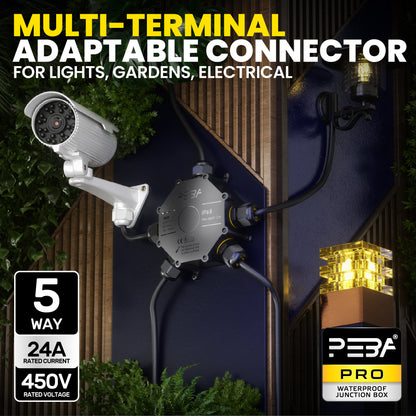 PEBA® Abzweigdose IP68, Abzweigkasten, Wasserdichte Kabelverbinder, Aufputz Verteilerdose Außen Wasserdicht 5-Wege für Ø4-14mm Kabeldurchmesser Anschlussdose, Klemmkasten, Abzweigdose schwarz