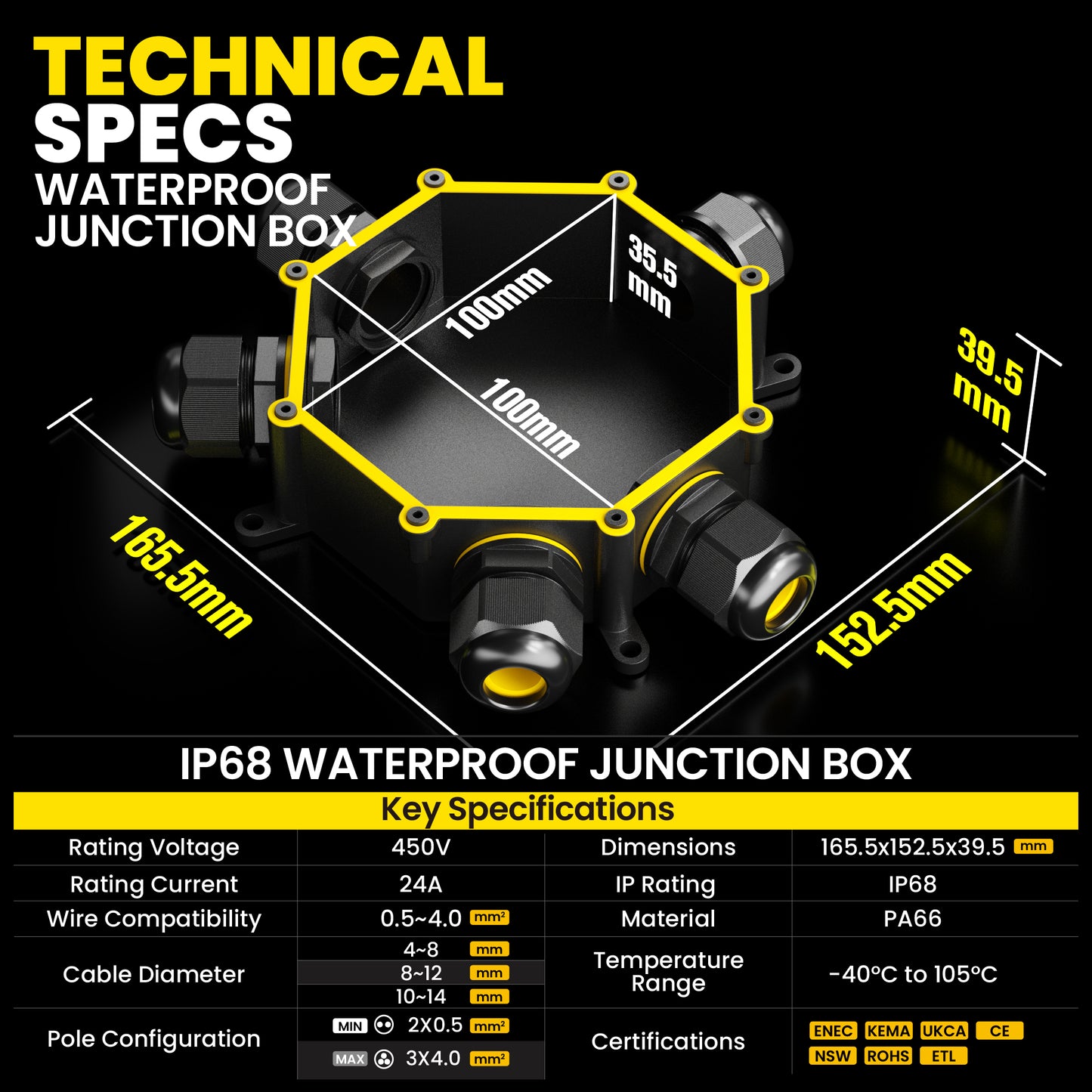 PEBA® Abzweigdose IP68, Abzweigkasten, Wasserdichte Kabelverbinder, Aufputz Verteilerdose Außen Wasserdicht 5-Wege für Ø4-14mm Kabeldurchmesser Anschlussdose, Klemmkasten, Abzweigdose schwarz