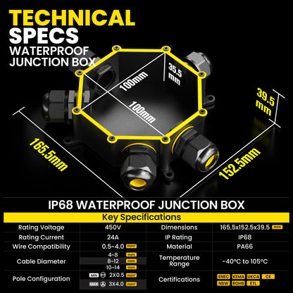 PEBA® Abzweigdose IP68, Abzweigkasten, Wasserdichte Kabelverbinder, Aufputz Verteilerdose Außen Wasserdicht 5-Wege für Ø4-14mm Kabeldurchmesser Anschlussdose, Klemmkasten, Abzweigdose schwarz