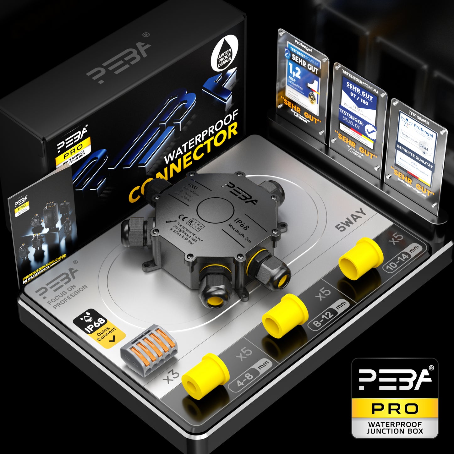 PEBA® Abzweigdose IP68, Abzweigkasten, Wasserdichte Kabelverbinder, Aufputz Verteilerdose Außen Wasserdicht 5-Wege für Ø4-14mm Kabeldurchmesser Anschlussdose, Klemmkasten, Abzweigdose schwarz