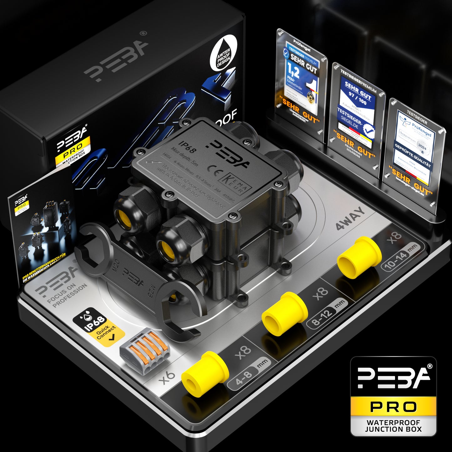 PEBA® Abzweigdose IP68 Wasserdicht Kabelverbinder Aussen 4-Wege-Verbindungsdose Erdkabel Schwarz Elektrischer Außenverteilerdose,Kabelverschraubung für Ø 4mm-14mm 2 Stück