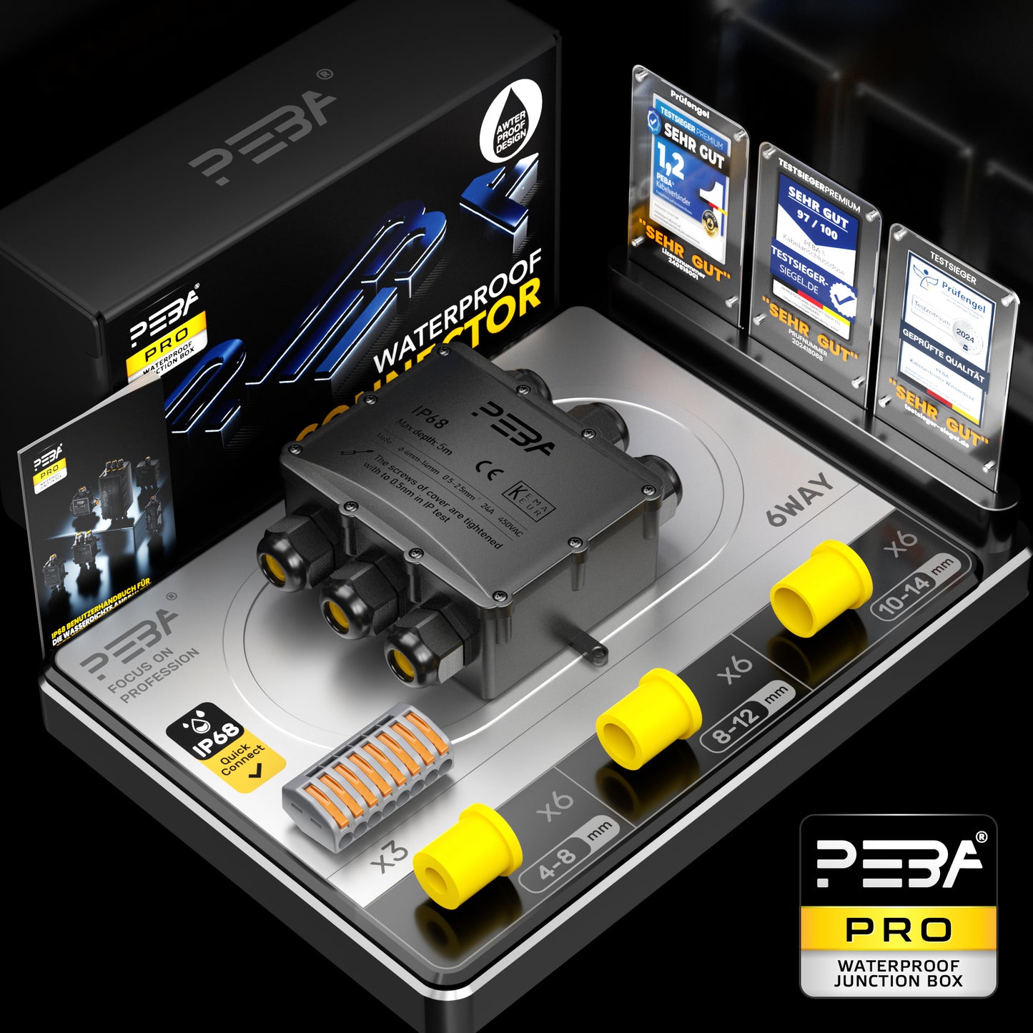 PEBA® Wasserdicht Abzweigdose Erdkabel Kabelverbinder IP68 Verteilerdose steckdose aussen verteiler Ø4mm-14mm kabel für garten outdoor verbinder box 6-Wege Schwarz