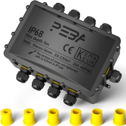 PEBA® Abzweigdose IP68, Erdkabel Klemmdose Verbindungsdose, Übergroße 9 Wege Junction Box, Klemmkasten, Wasserdichte Kabelverbinder, Aufputz Verteilerdose Außen Wasserdicht, für 4-14 mm Kabel, Schwarz