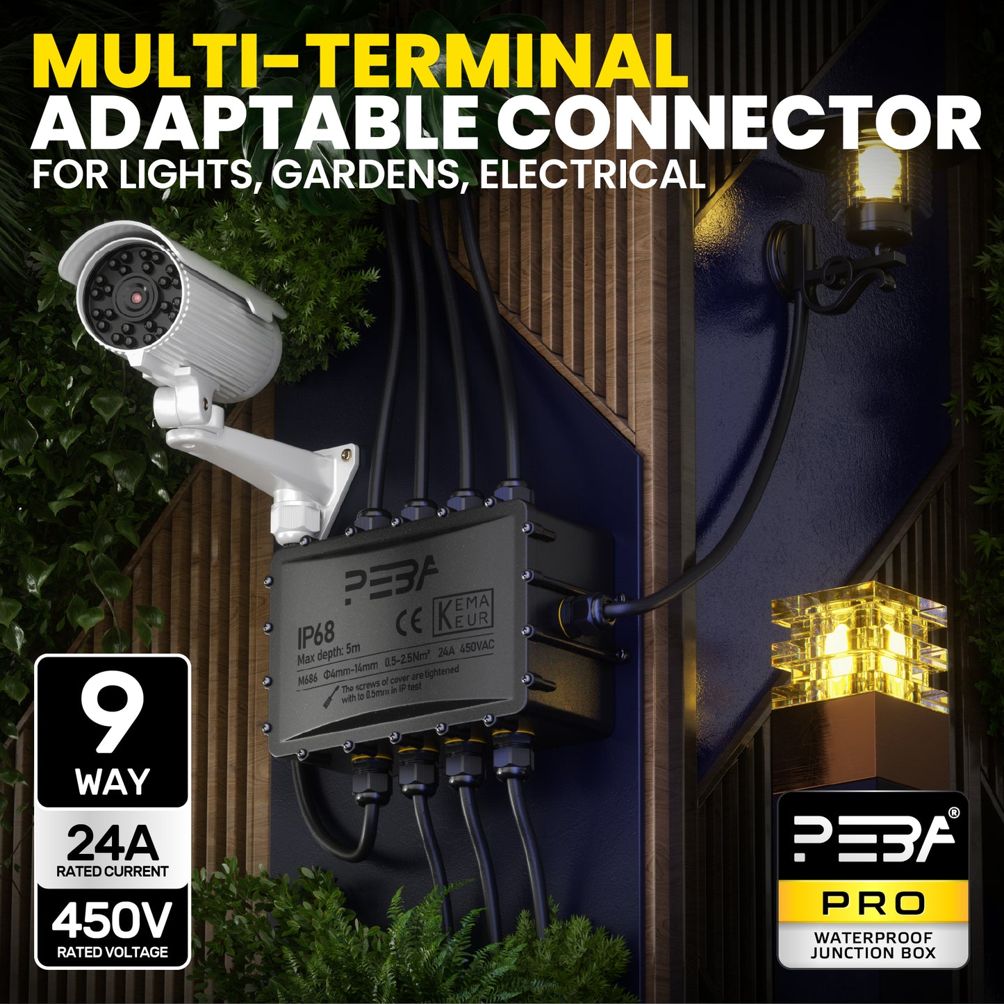 PEBA® Abzweigdose IP68, Erdkabel Klemmdose Verbindungsdose, Übergroße 9 Wege Junction Box, Klemmkasten, Wasserdichte Kabelverbinder, Aufputz Verteilerdose Außen Wasserdicht, für 4-14 mm Kabel, Schwarz