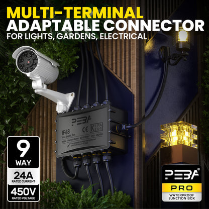 PEBA® Abzweigdose IP68, Erdkabel Klemmdose Verbindungsdose, Übergroße 9 Wege Junction Box, Klemmkasten, Wasserdichte Kabelverbinder, Aufputz Verteilerdose Außen Wasserdicht, für 4-14 mm Kabel, Schwarz