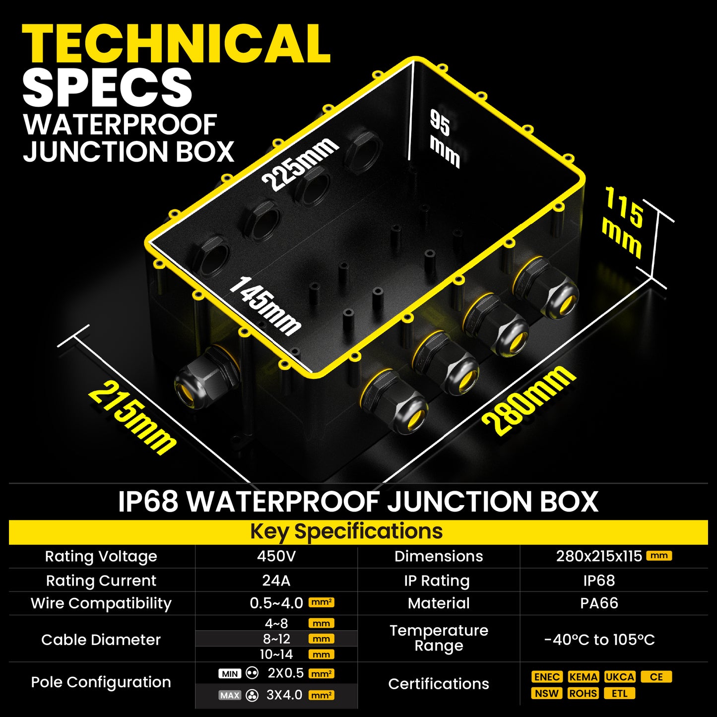 PEBA® Abzweigdose IP68, Erdkabel Klemmdose Verbindungsdose, Übergroße 9 Wege Junction Box, Klemmkasten, Wasserdichte Kabelverbinder, Aufputz Verteilerdose Außen Wasserdicht, für 4-14 mm Kabel, Schwarz