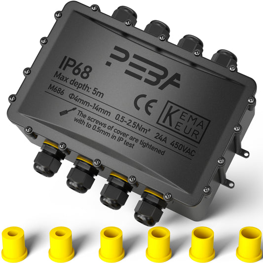 PEBA® Wasserdicht Abzweigdose Erdkabel Kabelverbinder IP68 Verteilerdose steckdose aussen verteiler Ø4mm-14mm kabel für garten outdoor verbinder box 8-Wege Schwarz