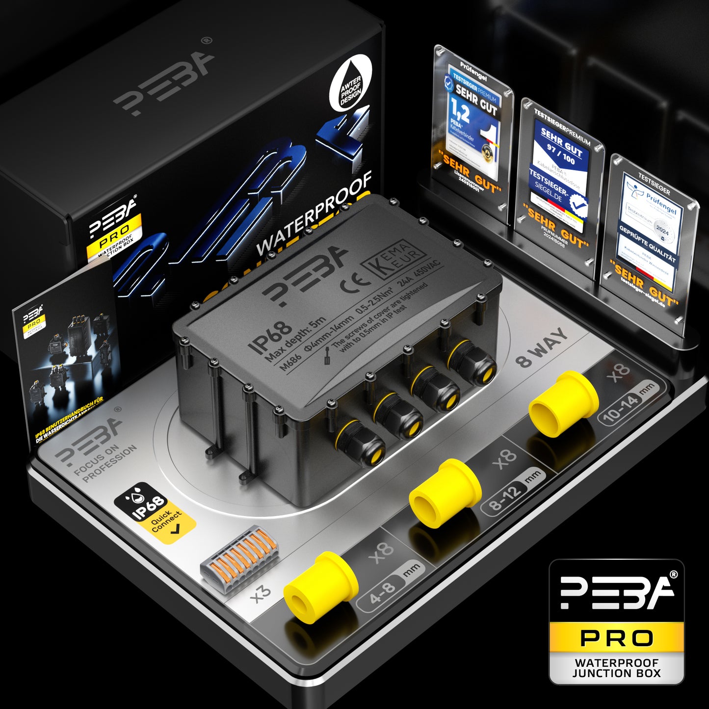 PEBA® Wasserdicht Abzweigdose Erdkabel Kabelverbinder IP68 Verteilerdose steckdose aussen verteiler Ø4mm-14mm kabel für garten outdoor verbinder box 8-Wege Schwarz