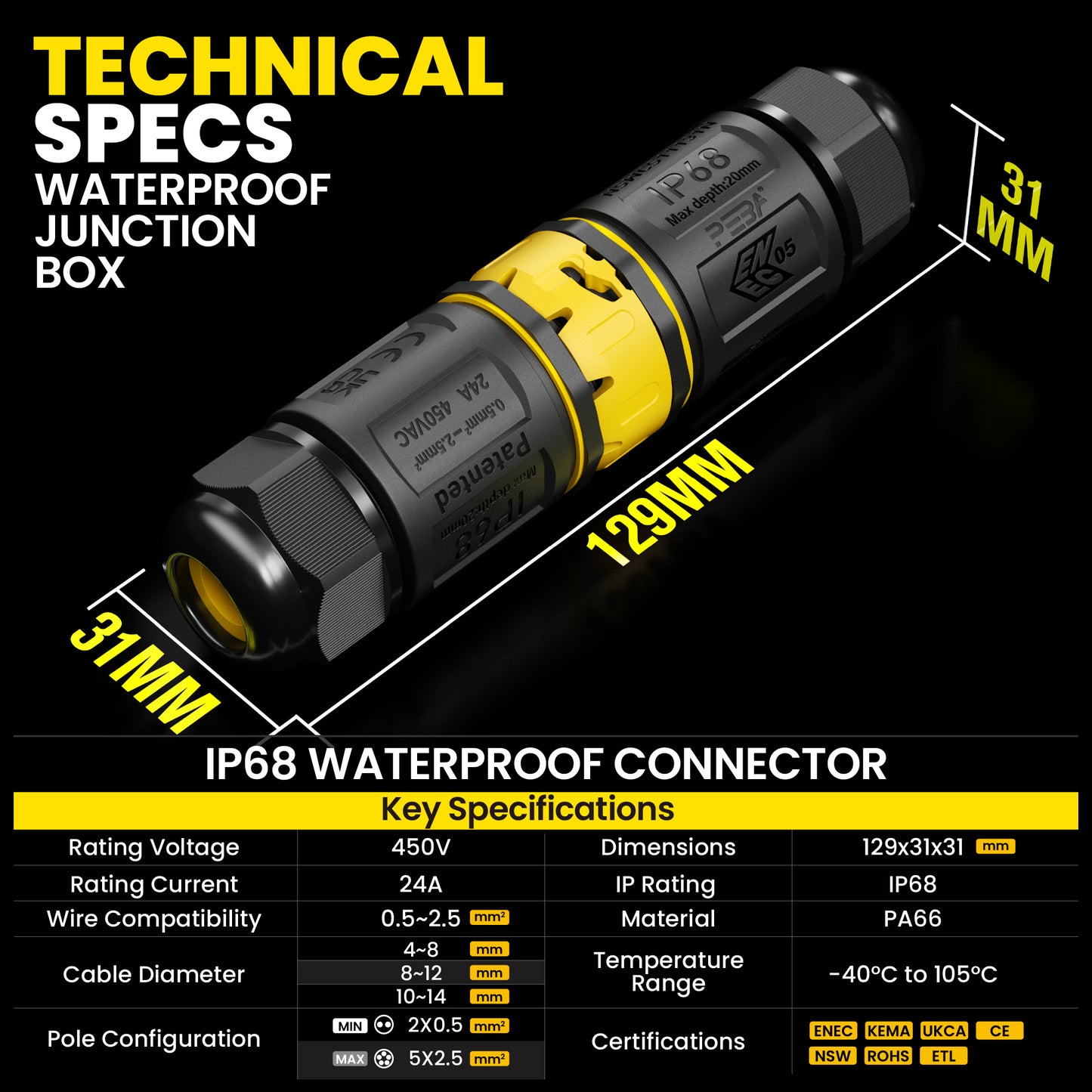PEBA® Kabelverbinder Wasserdicht 5 polig IP68 Steckbarer Wasserdichte Kabelverbinder, Kabelschnellverbinder mit Stecker und Buchse für Ø4-14mm Kabeldurchmesser,Erdkabel Abzweigdose, Schwarz
