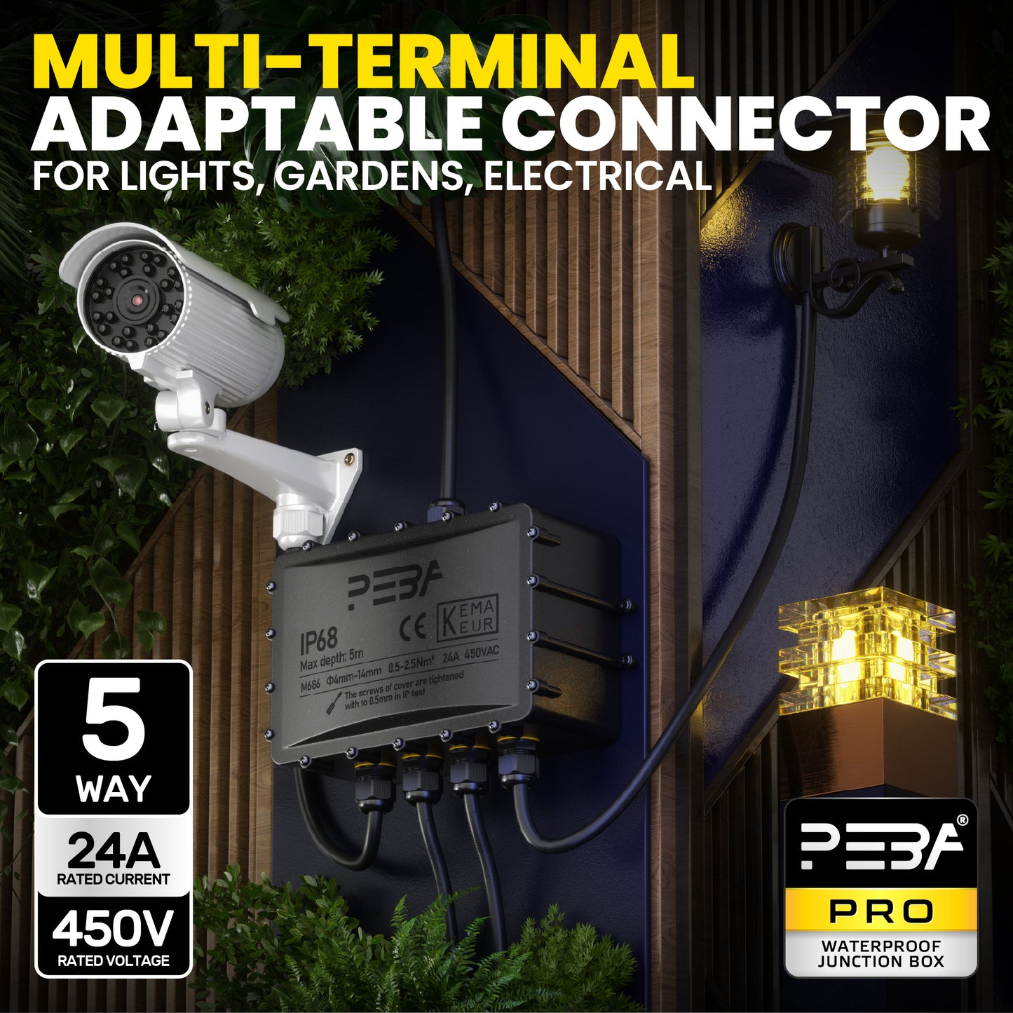 PEBA® Wasserdicht Abzweigdose Erdkabel Kabelverbinder IP68 Verteilerdose steckdose aussen verteiler Ø4mm-14mm kabel für garten outdoor verbinder box 5-Wege Schwarz