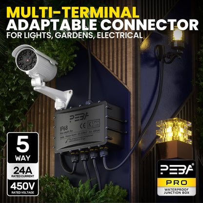 PEBA® Wasserdicht Abzweigdose Erdkabel Kabelverbinder IP68 Verteilerdose steckdose aussen verteiler Ø4mm-14mm kabel für garten outdoor verbinder box 5-Wege Schwarz