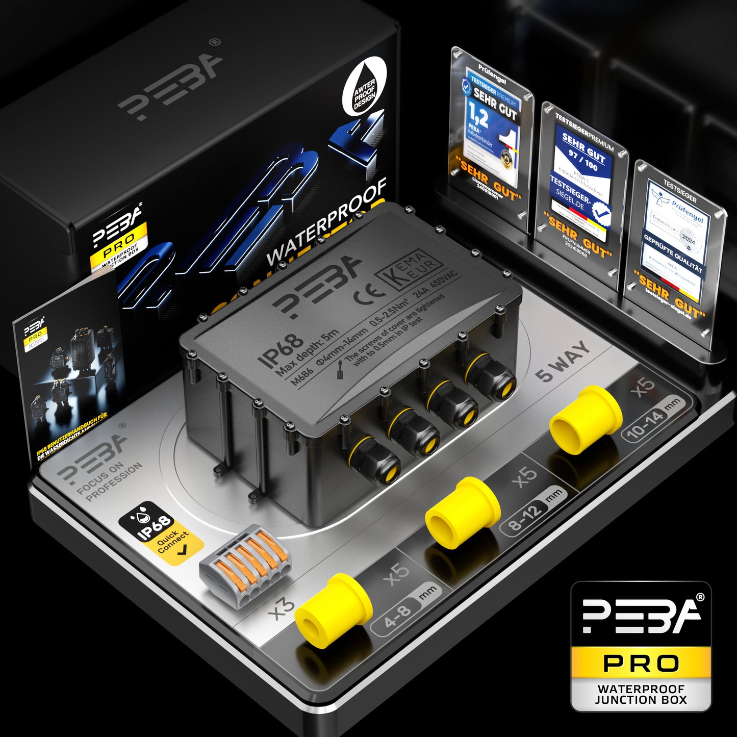 PEBA® Wasserdicht Abzweigdose Erdkabel Kabelverbinder IP68 Verteilerdose steckdose aussen verteiler Ø4mm-14mm kabel für garten outdoor verbinder box 5-Wege Schwarz