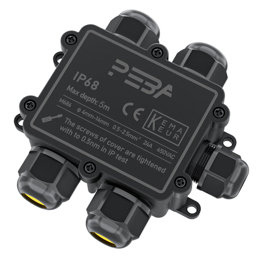 Boîte de jonction PEBA® IP68, boîte de jonction pour câbles souterrains, boîte de jonction à 5 voies, boîte à bornes, connecteur de câble étanche, boîte de jonction en saillie, étanche pour l'extérieur, pour câble de 4 à 14 mm, boîte de jonction noire